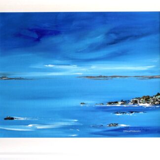 An original seascape painting that captures the calm, clear tranquility of blue and the effects of the open expanse of the ocean.